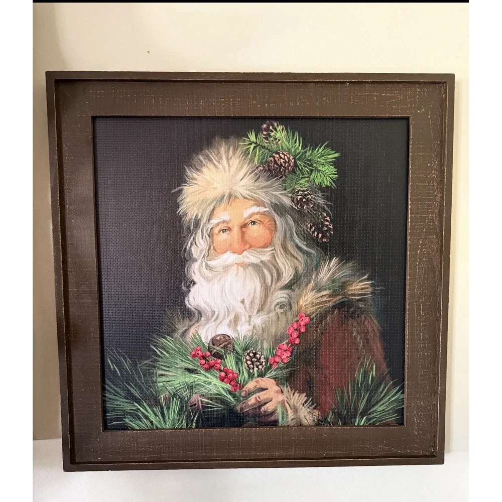 Primitive Woodland Santa 30x30 Christmas Wall Art Wood Frame Show Stopper!